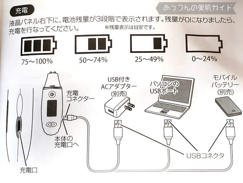 最新美ルル肌チェッカー肌センサ―充電説明